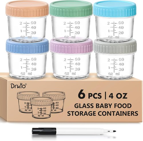DRKIO Glass Baby Food Storage Containers - 4 Oz Leak-Proof Jars with Lids | Microwave & Dishwasher Safe