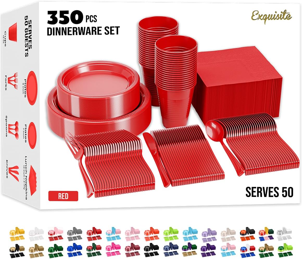 Regine Switzerland 350 Pcs Red Plastic Plates Set - Complete Disposable Dinnerware for Parties | 9" & 7" Plates, Cups, Napkins & Cutlery