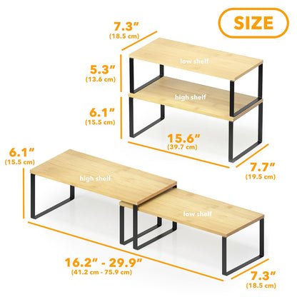 SpaceAid Cabinet Shelf Organizers 2 Pack, Kitchen Counter Rack Shelves Riser, Stackable Expandable Spice Rack, Pantry Cupboard Storage Organization (Black and Natural, Long)