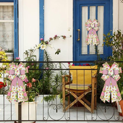 Estivaux Large Spring Flowers Bow - Pink Buffalo Plaid & Natural Burlap | Perfect for Wreaths & Decorations