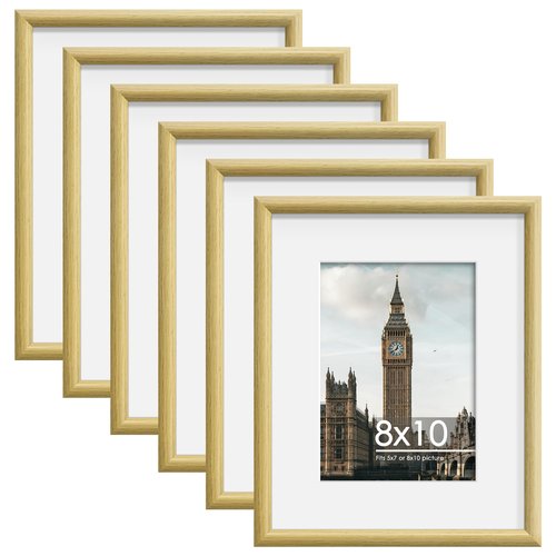Wiscet 8x10 Picture Frame Set of 6, Display Pictures 5x7 with Mat or 8 x 10 Without Mat, Photo Frame for Wall Mounting or Tabletop Display, Natural