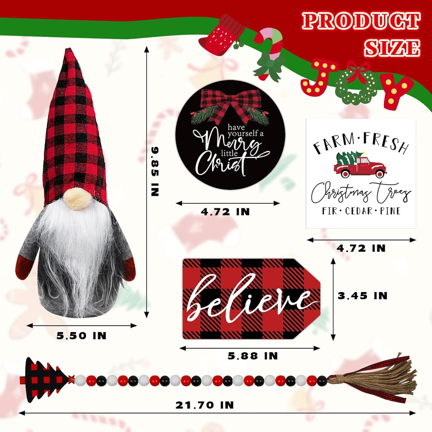 Skiennix Christmas Decorations - Wooden Gnome Signs & Plush Bead Garland Set for Winter Home Decor