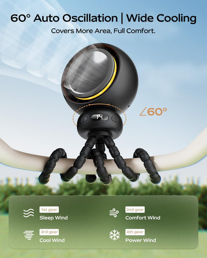 Mini Portable Stroller Fan - USB-C Rechargeable, 60° Auto Oscillation, 4 Speeds, Night Light & Flexible Tripod (Black)