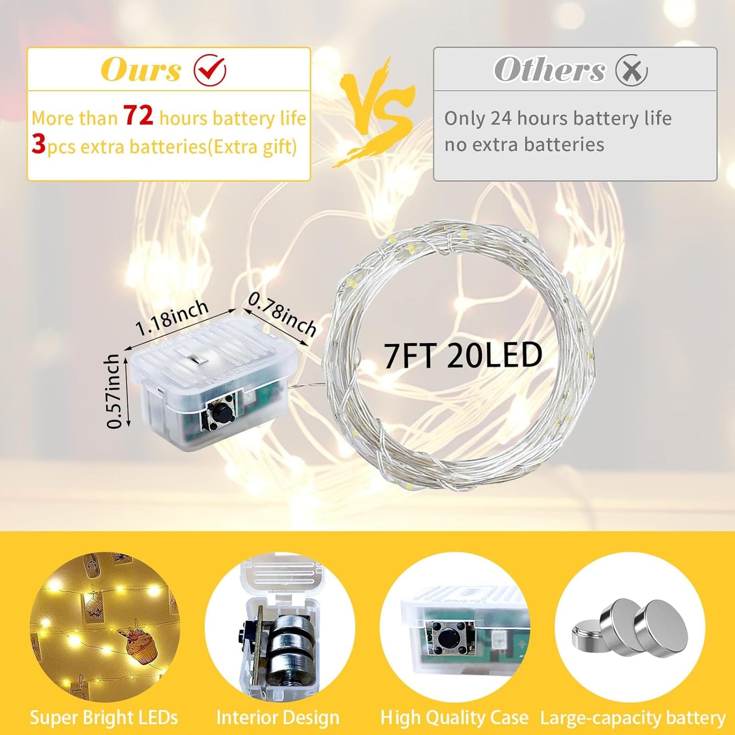 Skiennix 20 LED Yellow Fairy Lights - 7Ft Twinkle String Lights | Battery Operated & Waterproof for Festive Decor