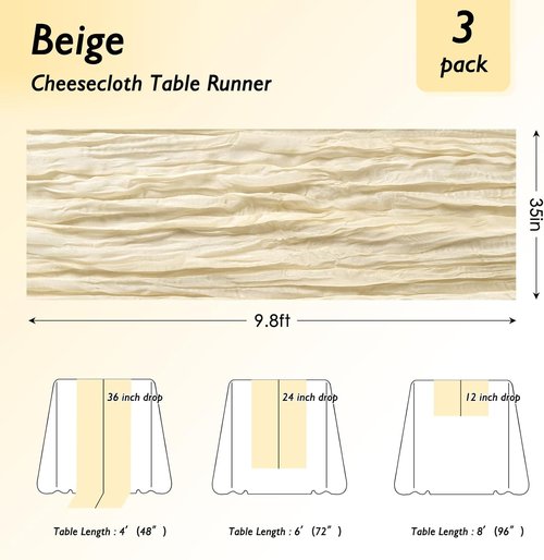 Fixwal Cream Beige Cheesecloth Table Runner - 35x120 Inch | 3 Pack Semi-Transparent Boho Decor for Weddings & Parties
