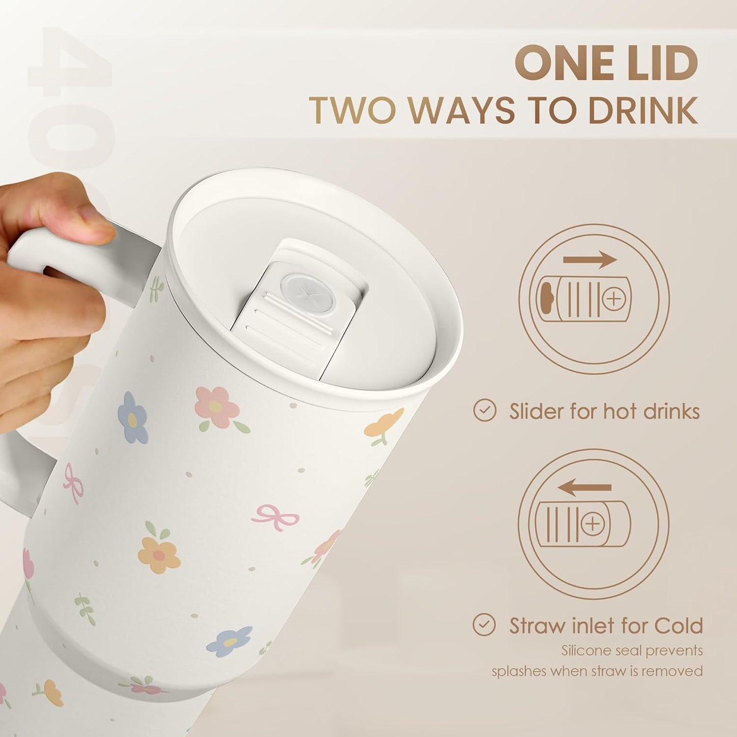 Skiennix Floral 40oz Slider Tumbler - Insulated Stainless Steel Travel Mug with Handle & Straw for Women