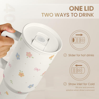 Skiennix Floral 40oz Slider Tumbler - Insulated Stainless Steel Travel Mug with Handle & Straw for Women