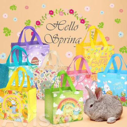 Aviski 8PCS Happy Easter Egg Hunt Bunny Carrot Chick Egg Treat Non-Woven Bags with Handles for Gifts Wrapping, Egg Hunt Game, Party Supplies, 7.9×7.9×5.9inch