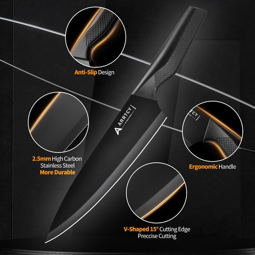 Arrtcy Knife Set - Kitchen Knife Set with Built-in Sharpener - knife block set dishwasher safe 15 piece - Anti-slip Handle - German Stainless Steel - Black,with Gift Box