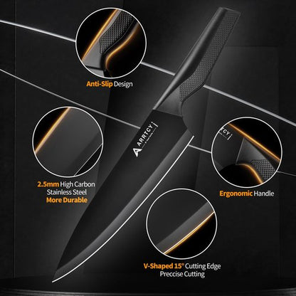 Arrtcy Knife Set - Kitchen Knife Set with Built-in Sharpener - knife block set dishwasher safe 15 piece - Anti-slip Handle - German Stainless Steel - Black,with Gift Box