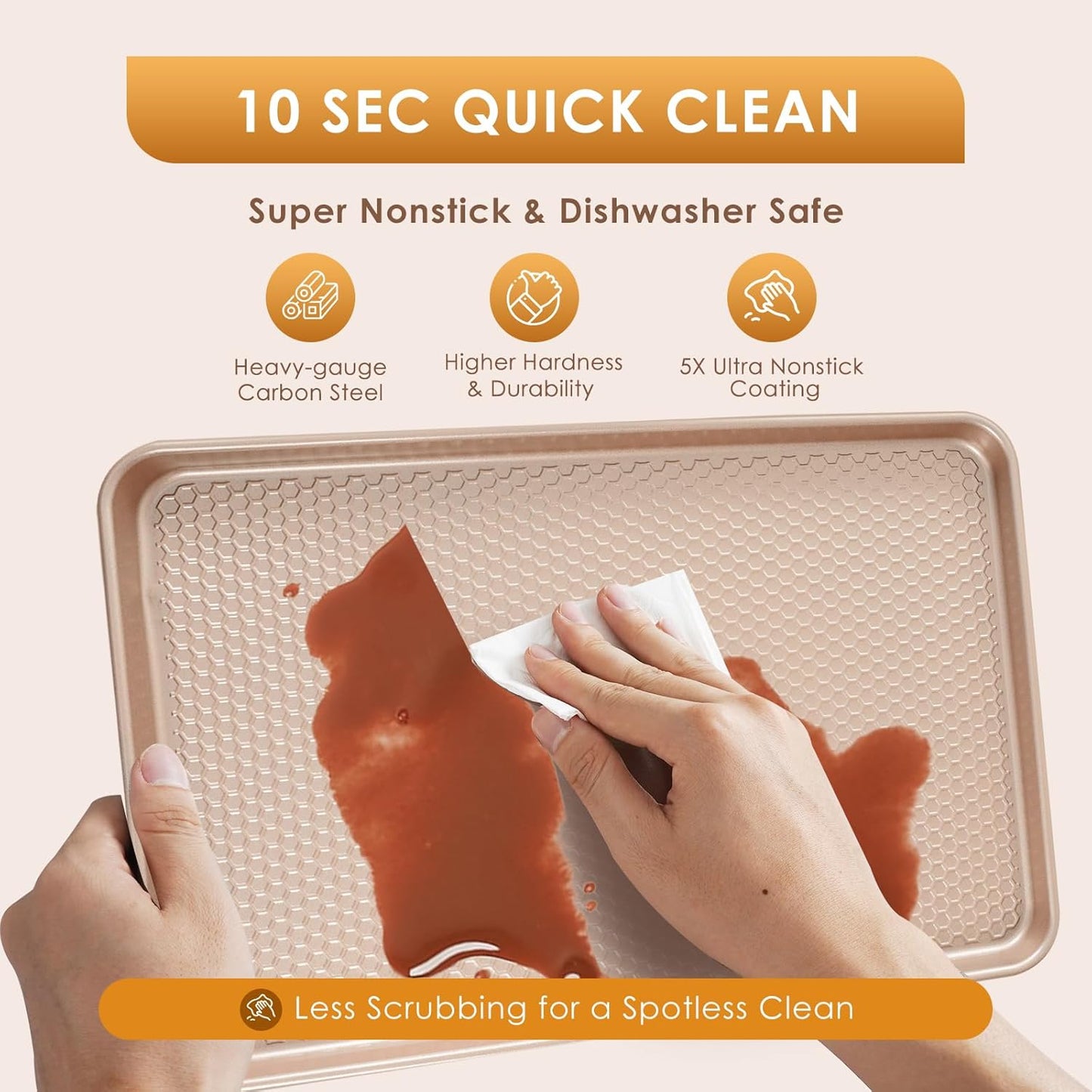 Skiennix Nonstick Baking Sheet Pan Set - 3 Heavy-Duty Carbon Steel Cookie Sheets | Easy Clean Rose Gold