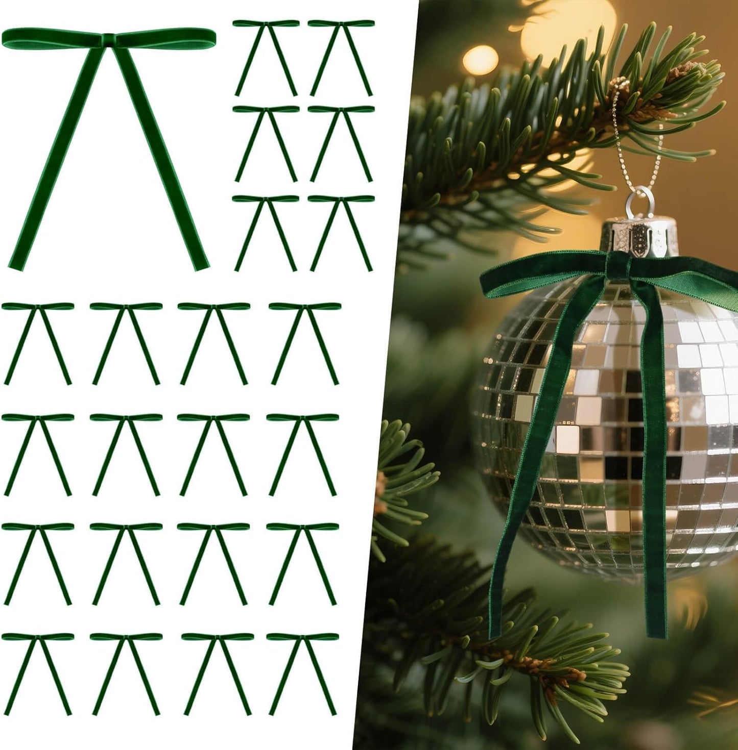 Skiennix 24PCS Velvet Bows - Pre-Tied Vintage Christmas Tree Ornaments | Dark Green, 5 x 7 Inch