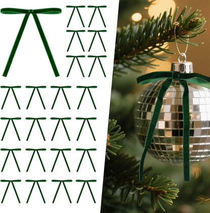 Skiennix 24PCS Velvet Bows - Pre-Tied Vintage Christmas Tree Ornaments | Dark Green, 5 x 7 Inch