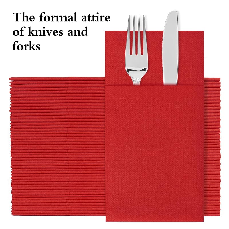 Disposable Linen-Feel Napkins with Built-In Flatware Pocket, Red 50 Count