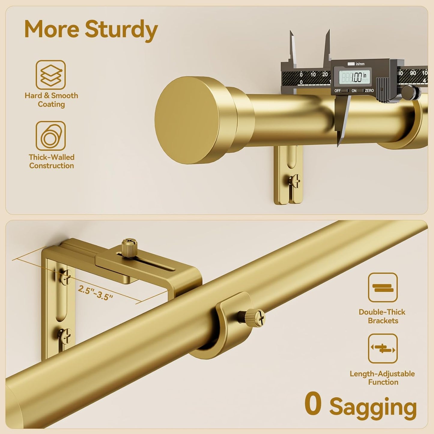 YaFex Curtain Rods - Heavy Duty 1 Inch Adjustable Window Treatment Rods | 32-118 Inch, Gold Finish