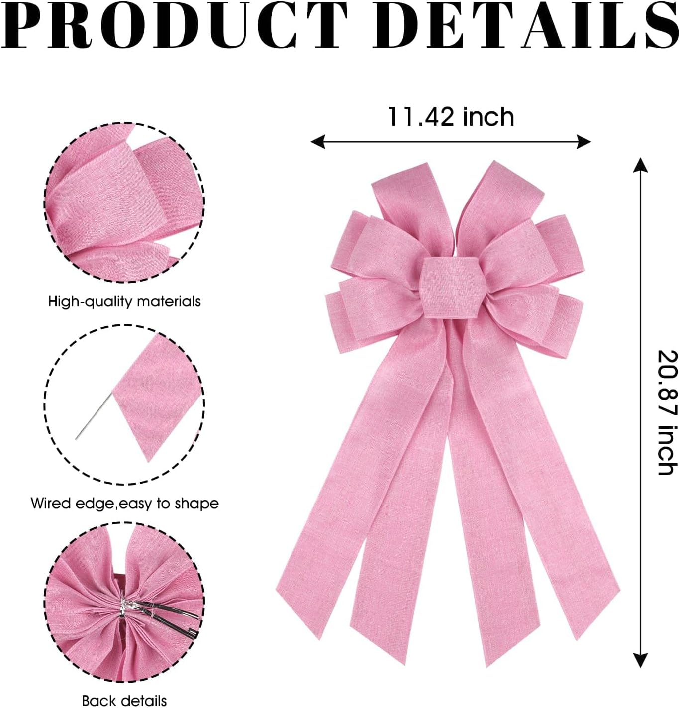 Skiennix Baby Pink Large Bow - 11x21 Inch Linen Texture Wired Ribbon for Wreaths & Decor