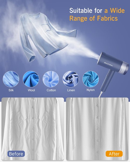 BEAUTURAL Steamer for Clothes, Portable Garment Wrinkle Remover, Fast 30s Heat-up, Foldable and Handheld, 120V Only (Not for 220V Europe), Blue