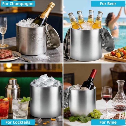 ChefBee Stainless Steel Ice Bucket - 3L Double-Wall Insulated Ice Buckets for Parties with Lid & Tongs, Large Champagne Wine Drink Container Holder, Ideal for Freezer Cocktail Home Bar Accessories