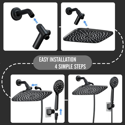 Veken 11.8 Inch Rain Shower Head with Handheld- High Pressure Dual Shower Heads with 5 Modes Handheld Spray Combo- Wide Rainfall Showerhead with Hose, Bathroom Accessories, Matte Black
