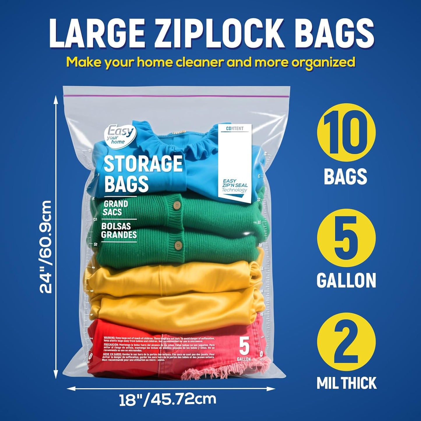 Ziploc 5 Gallon Zipper Lock Storage Bags - Extra Large Reusable Plastic Freezer Bags | BPA-Free, 18"x24"