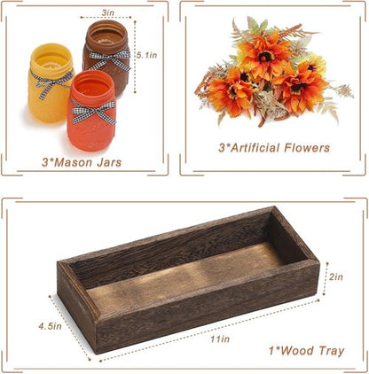 Fall Mason Jar Centerpiece | Set of 3 Decorative Jars with Artificial Flowers for Thanksgiving