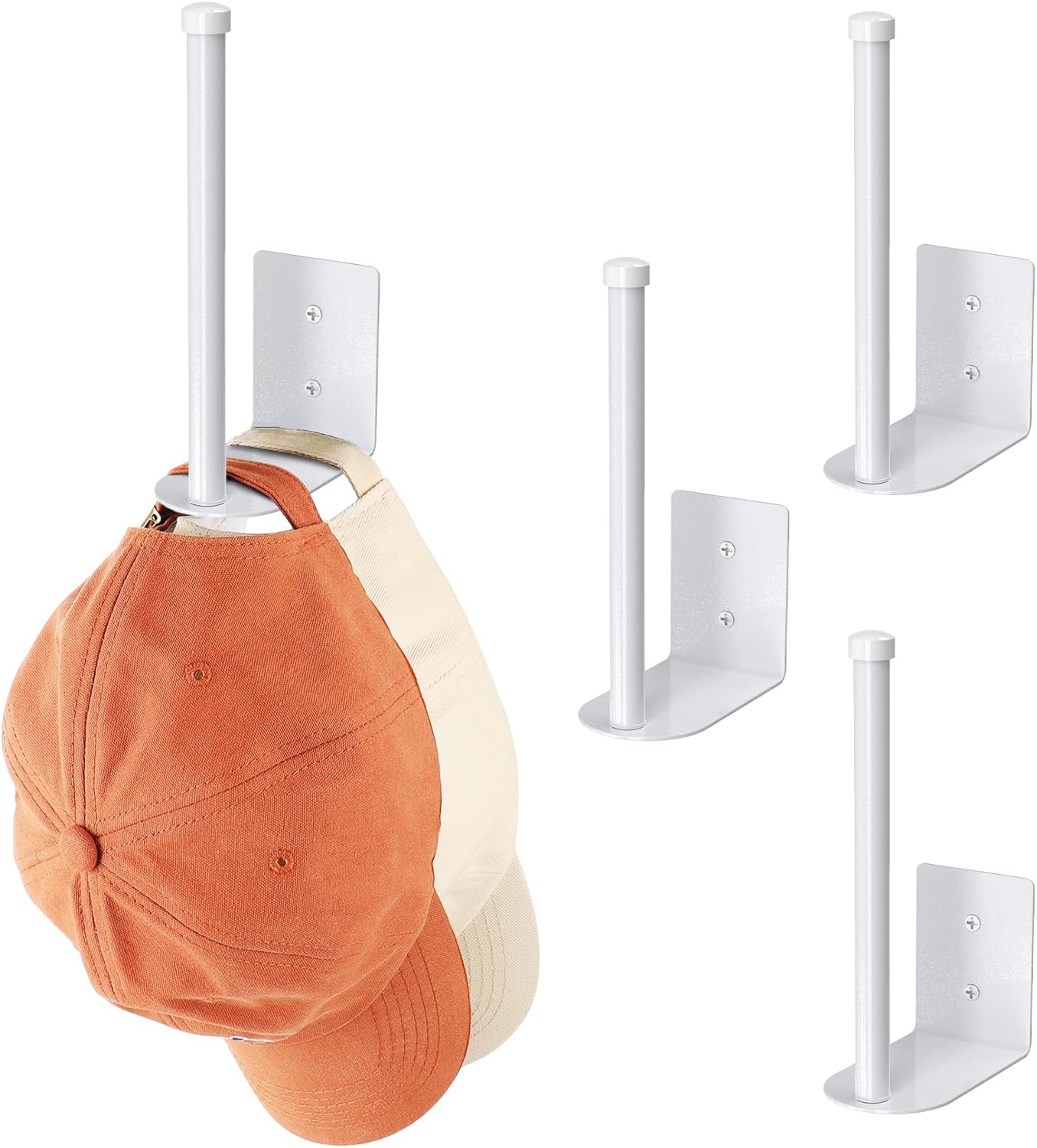 Durmmur Hat Racks - 4 Pack Stainless Steel Baseball Cap Organizer | Strong Adhesive & Wall-Mounted (White, 6 in)
