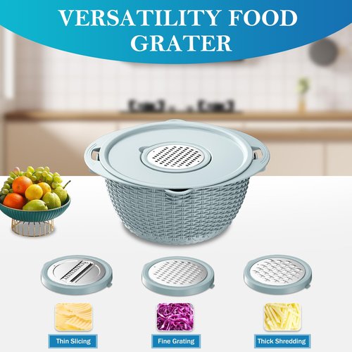 4-1 Colander with Mixing Bowl Set, Food Strainers and Colanders Set for Kitchen, Pasta Rice Strainer, Fruit and Veggie Washer, Salad Spinner, Kitchen Essentials Strainer Basket Bowl, Blue