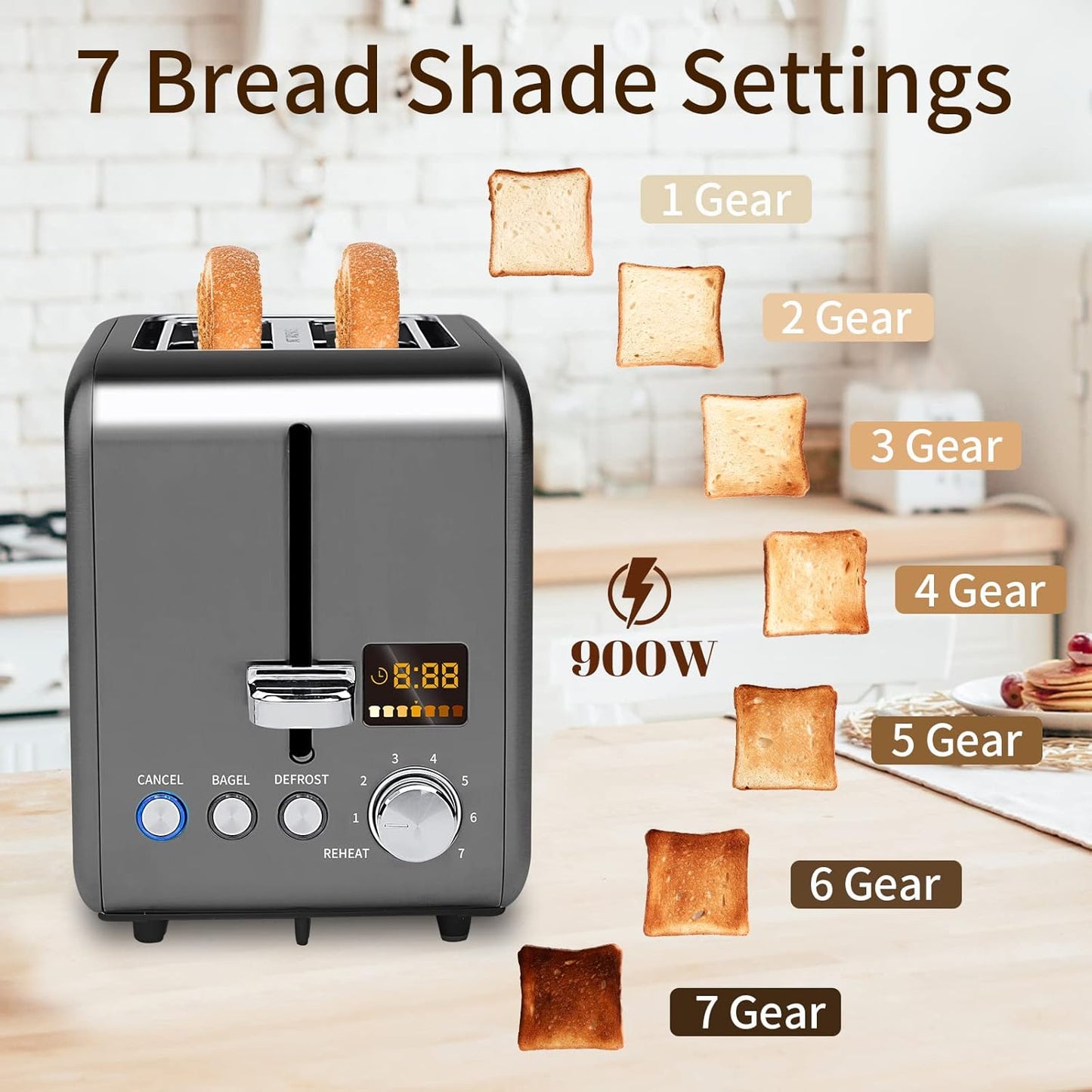SEEDEEM 2-Slice Stainless Steel Toaster - LCD Display, 7 Shade Settings, 1.4'' Wide Slots, Dark Metallic Finish