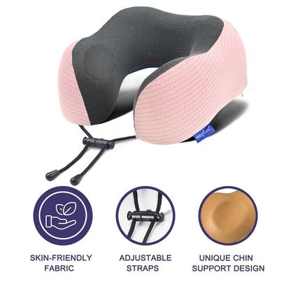 napfun Neck Pillow for Travel with Travel Pouch, Sleep Mask & Earplugs, Memory Foam Airplane Pillow for Headrest Sleep with Eyeshades, Plane Essentials with Eye Blindfold, Pink Striped Kit