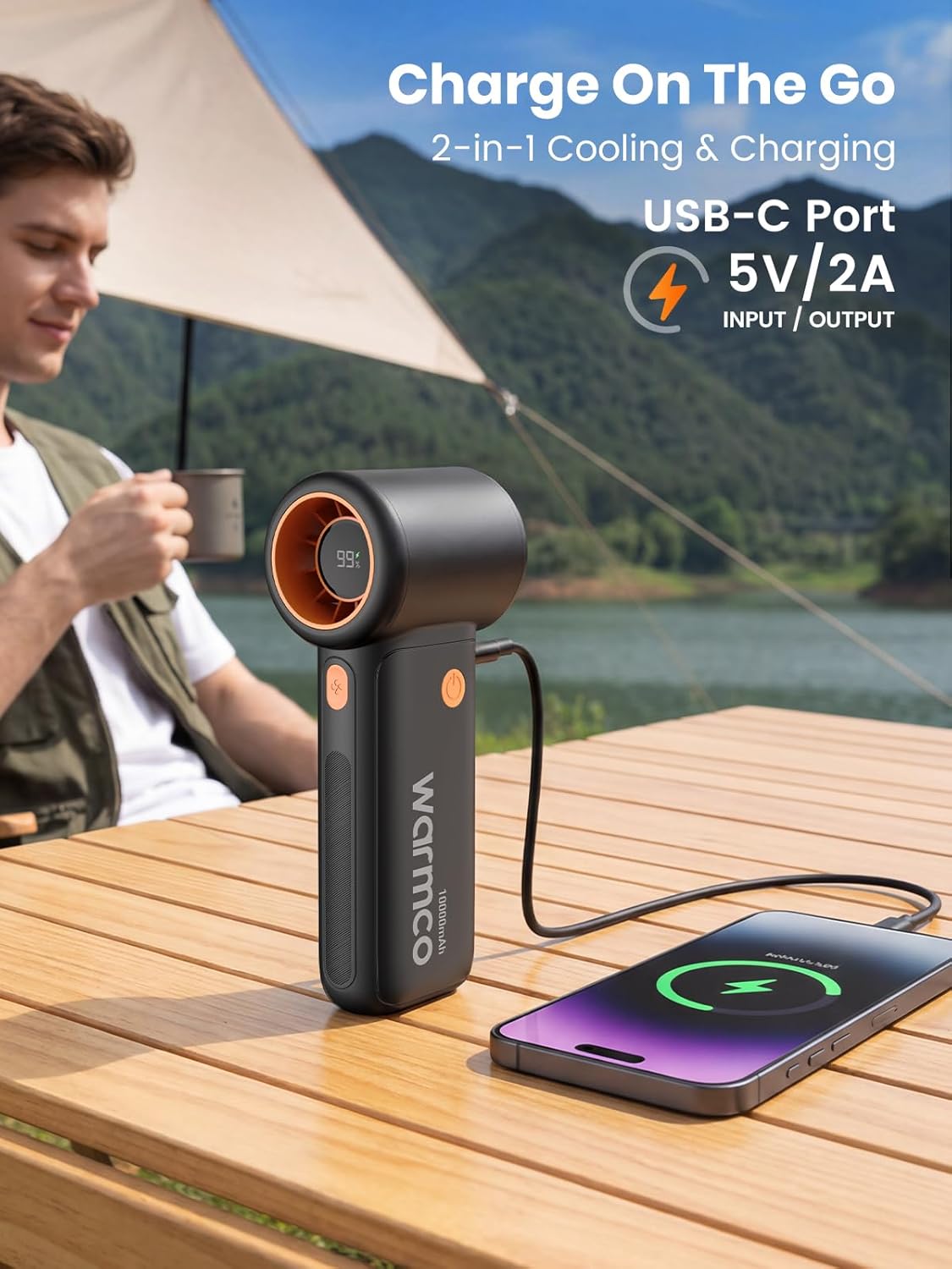 Warmco 10000mAh Turbo Portable Handheld Fan - 36H Runtime, USB Rechargeable Mini Fan with 5 Speeds & LED Display