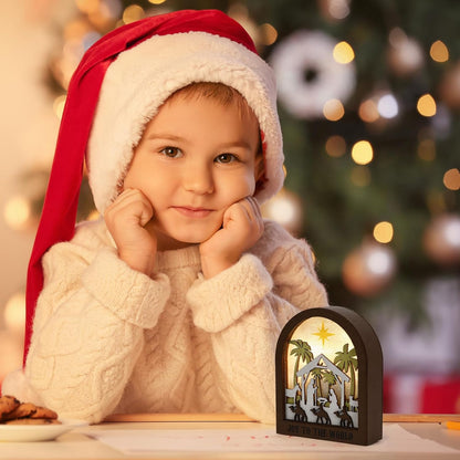 Wooden Nativity Scene - LED Christmas Decor with Acrylic Back Panel | Battery-Powered Tabletop Ornament