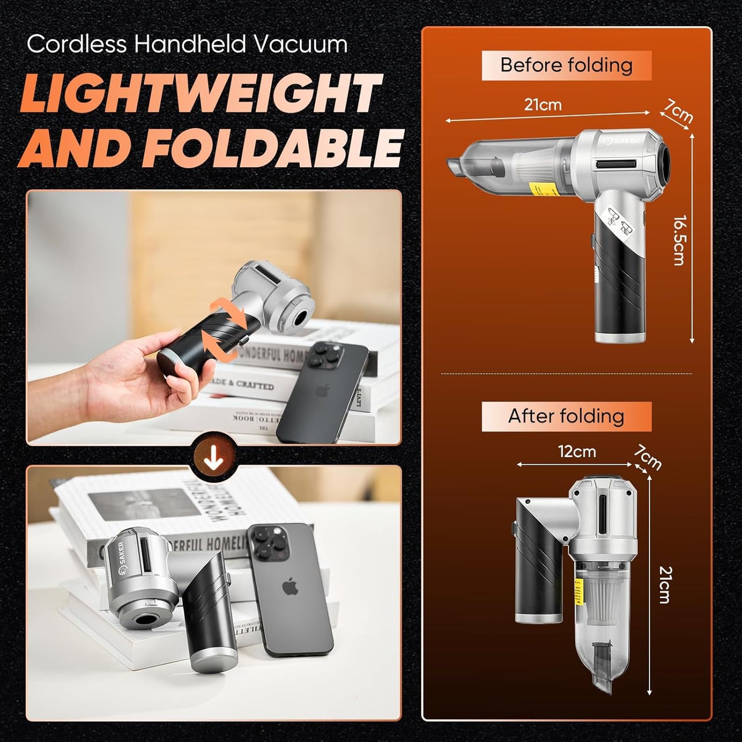 Saker Cordless Handheld Vacuum - 17000PA Powerful Mini Cleaner for Home, Office & Pet Hair | Foldable Design