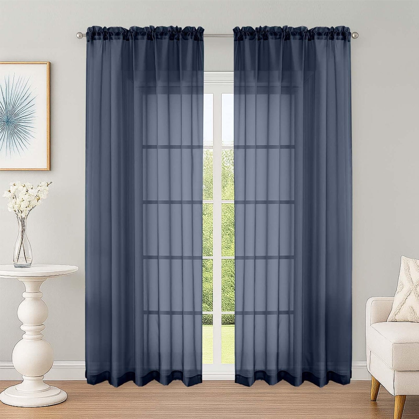 OWENIE Sheer Curtains 84 Inches Long 2 Panels Set, Sheer Navy Blue Curtains for Living Room Bedroom 59 Inch Extra Wide, Modern Voile Filmy Rod Pocket Drapes, 2 Pcs, Each 59 W x 84L, Navy Blue