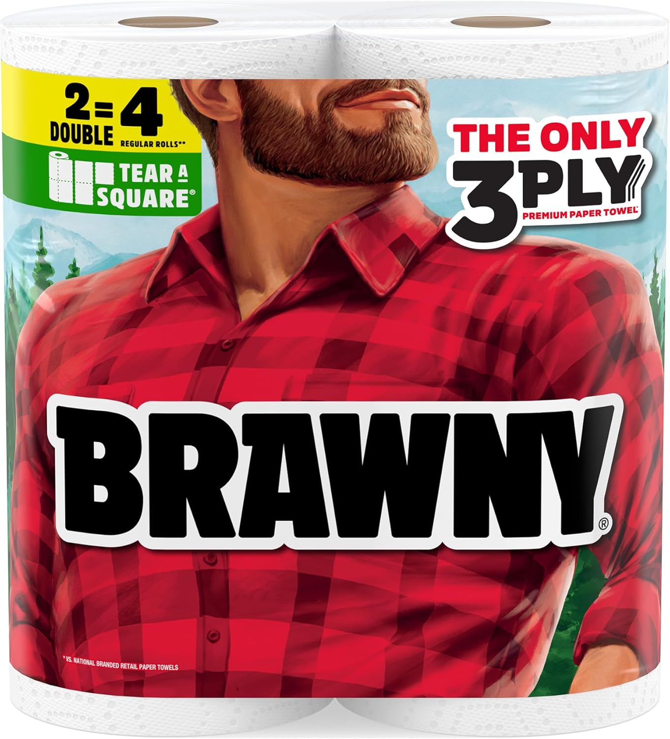 Brawny 3-Ply Tear-A-Square Paper Towels - Strong, Absorbent & Durable | 2 Double Rolls (4 Regular Rolls)