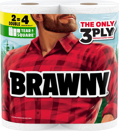 Brawny 3-Ply Tear-A-Square Paper Towels - Strong, Absorbent & Durable | 2 Double Rolls (4 Regular Rolls)