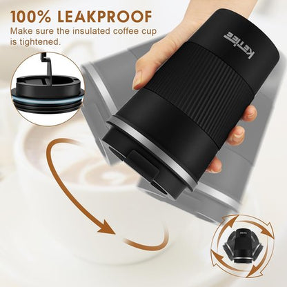 KETIEE Travel Mug - 12oz Vacuum Insulated Coffee Tumbler with Leakproof Lid | Black Stainless Steel