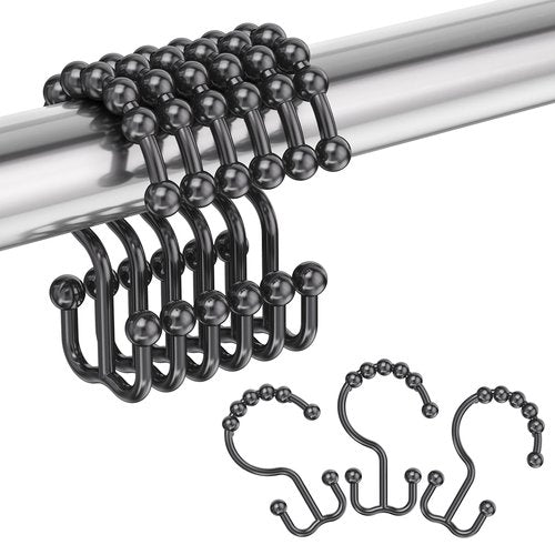 Amazer Plastic Shower Curtain Hooks, Black Shower Curtain Rings, 12Pcs Shower Hooks for Shower Curtain, Double Shower Rings, Bathroom