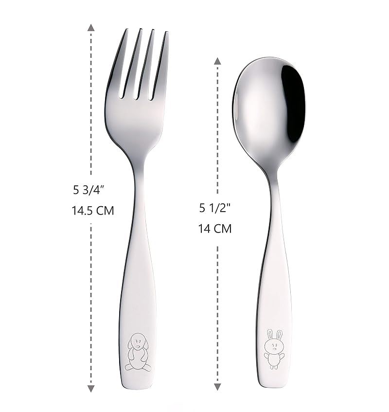 Kids Stainless Steel Flatware Set 6 Pieces - 3 Forks & 3 Spoons, Engraved Dog Bunny (Variation Stainless Steel+1)