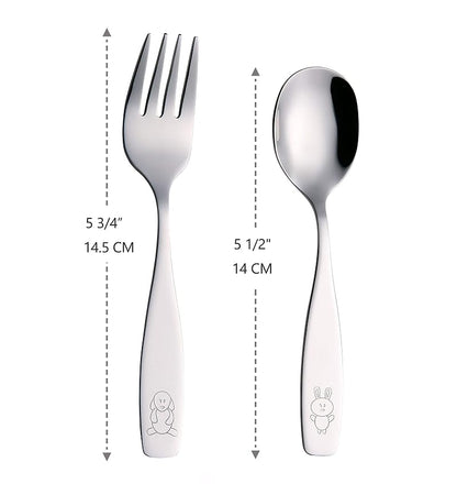 Kids Stainless Steel Flatware Set 6 Pieces - 3 Forks & 3 Spoons, Engraved Dog Bunny (Variation Stainless Steel+1)