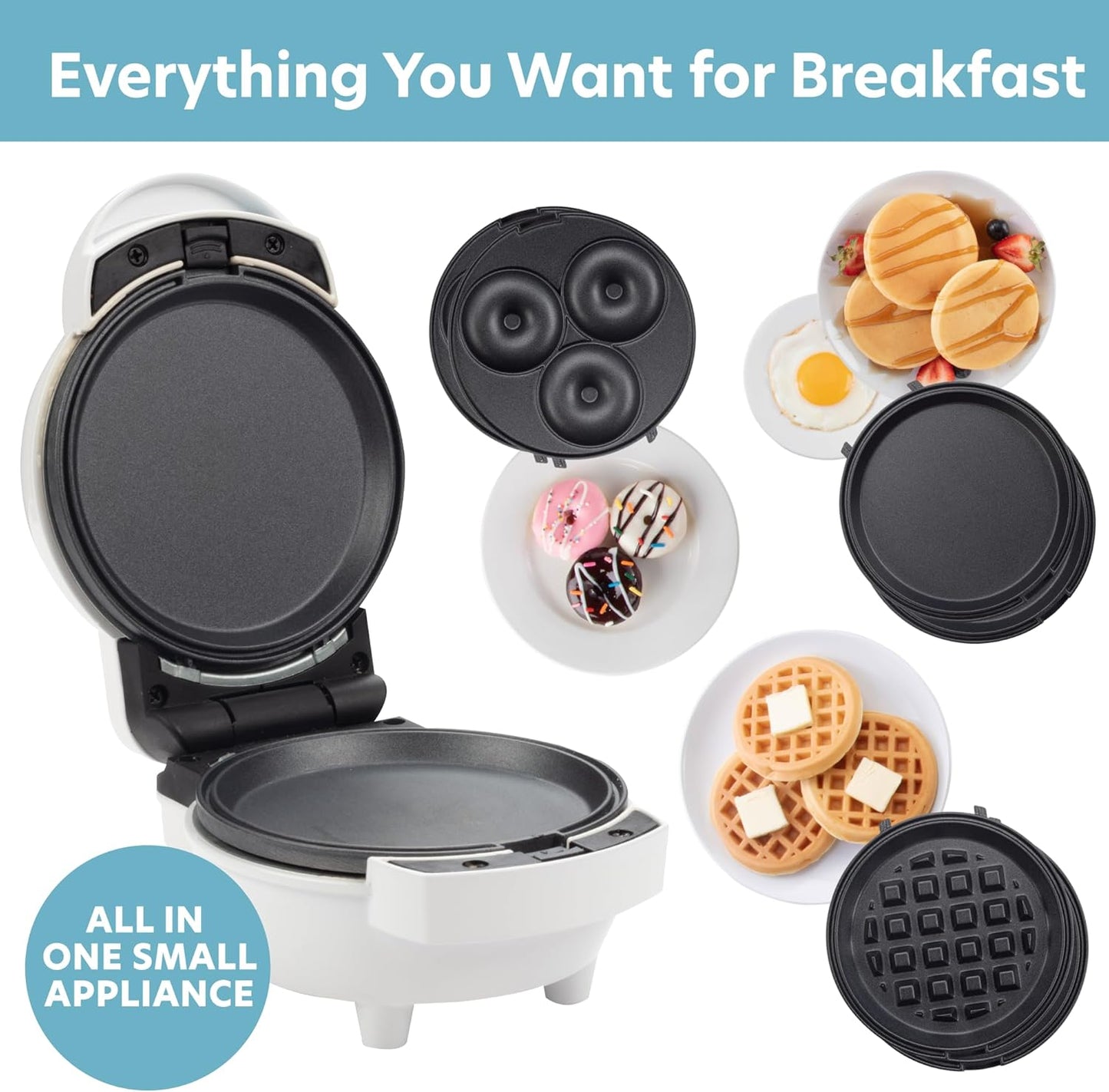 Mini Breakfast Maker by [Brand Name] - 3-in-1 Waffle, Donut, Pancake & Egg Cooker - Compact Nonstick Electric Appliance with Interchangeable Plates