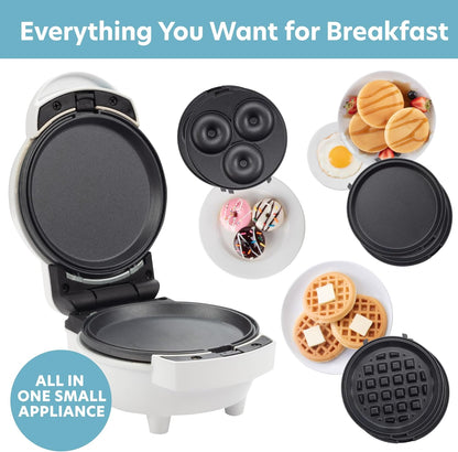 Mini Breakfast Maker by [Brand Name] - 3-in-1 Waffle, Donut, Pancake & Egg Cooker - Compact Nonstick Electric Appliance with Interchangeable Plates