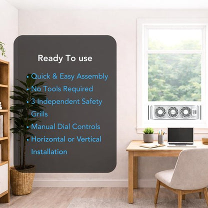 Comfort Zone Triple Window Fan with Adjustable Thermostat | 3-Speed High-Velocity Cooling | Horizontal or Vertical Manual Control | Fits Double Hung Windows (Min 25" x 8") | Fully Assembled | White