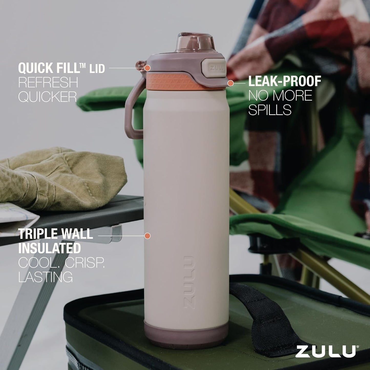 ZULU Powerfill Pro 32oz Stainless Steel Water Bottle - Quick Fill Lid, Triple Walled Insulation, Driftwood