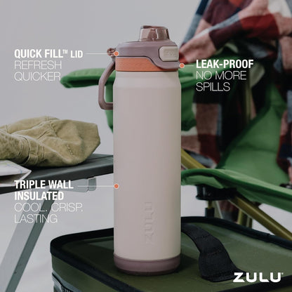 ZULU Powerfill Pro 32oz Stainless Steel Water Bottle - Quick Fill Lid, Triple Walled Insulation, Driftwood