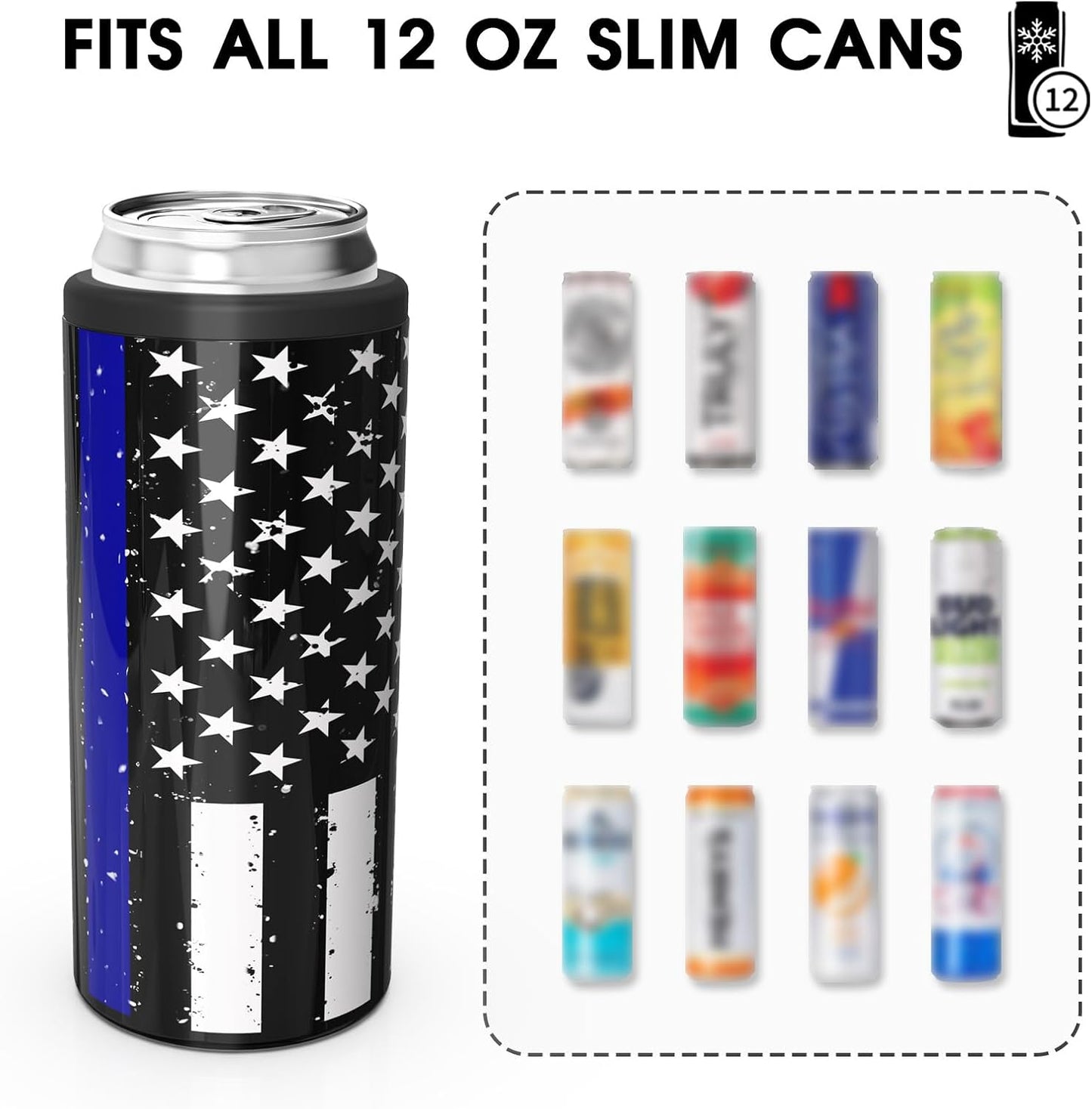 TILUCK Slim Can Cooler - Insulated Stainless Steel for 12 oz Beer & Seltzer Cans | Black U.S. Flag