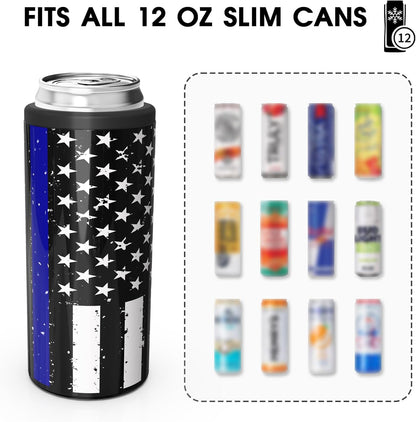 TILUCK Slim Can Cooler - Double-Walled Stainless Steel Insulator for 12 oz Cans | Black U.S. Flag