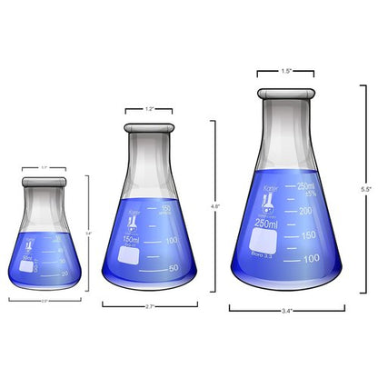 Karter Scientific Glass Erlenmeyer Flask Set - 3 Sizes: 50ml, 150ml, 250ml | Ideal for Experiments