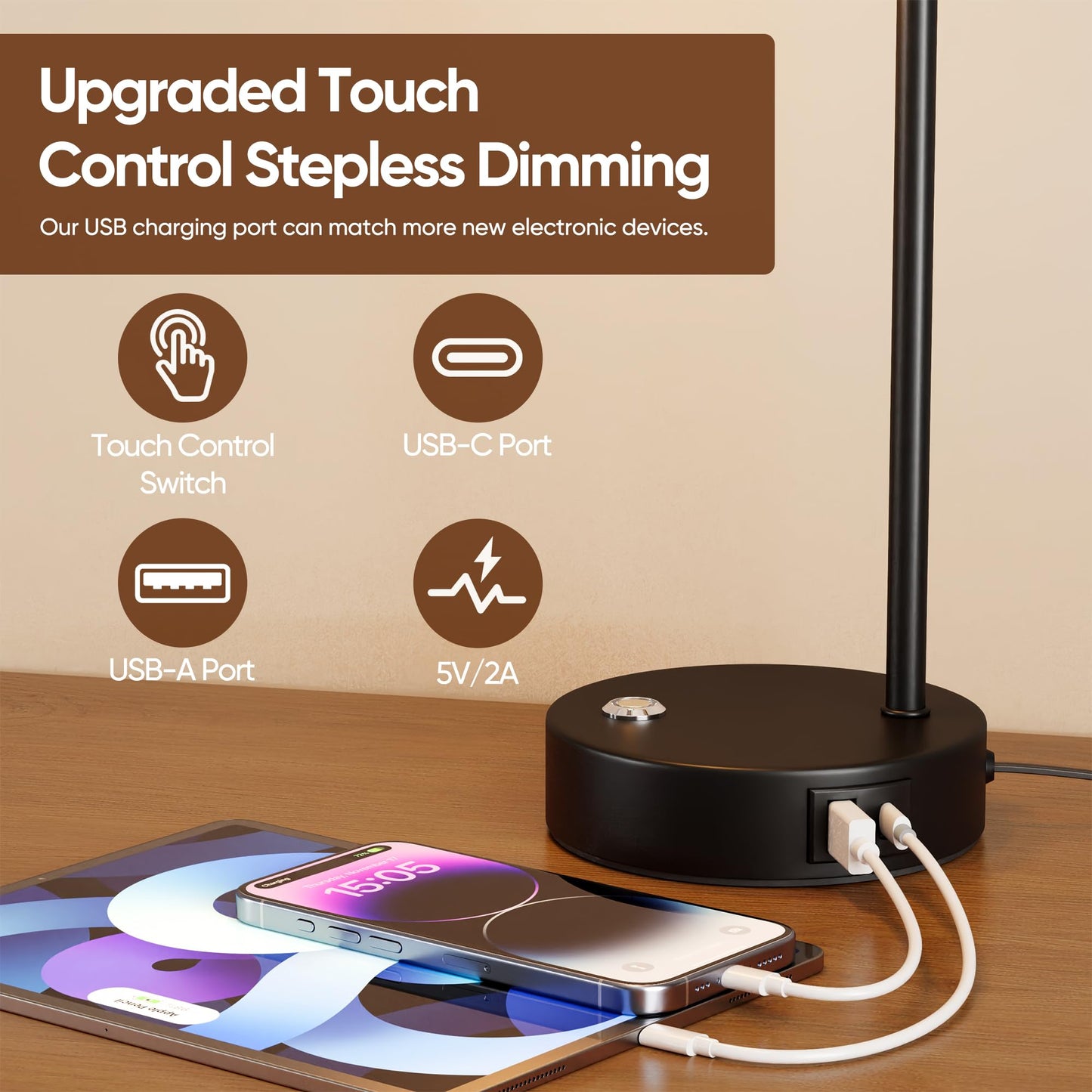 QiMH Industrial Table Lamps for Living Room, Farmhouse Table Lamp with USB A+C Ports, Minimalist Bedside Lamps Set of 2, Touch Control Stepess Dimmable,8W G80 Globe Bulb, Black Lamps for Bedroom