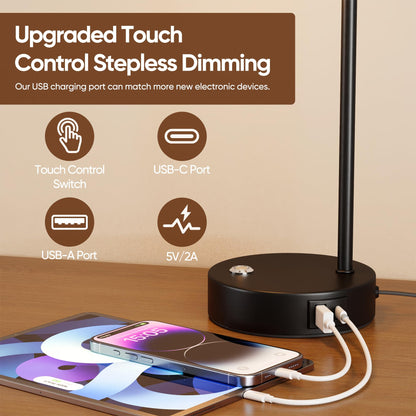 QiMH Industrial Table Lamps for Living Room, Farmhouse Table Lamp with USB A+C Ports, Minimalist Bedside Lamps Set of 2, Touch Control Stepess Dimmable,8W G80 Globe Bulb, Black Lamps for Bedroom