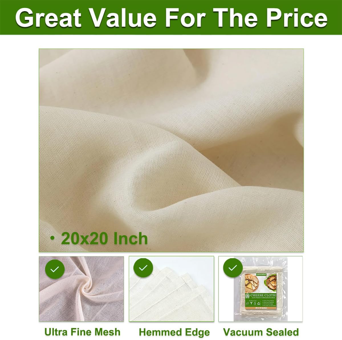 Ultra-Dense Cheese Cloths by [Brand Name] - 100% Unbleached Cotton, 20x20 Inch for Straining & Cooking